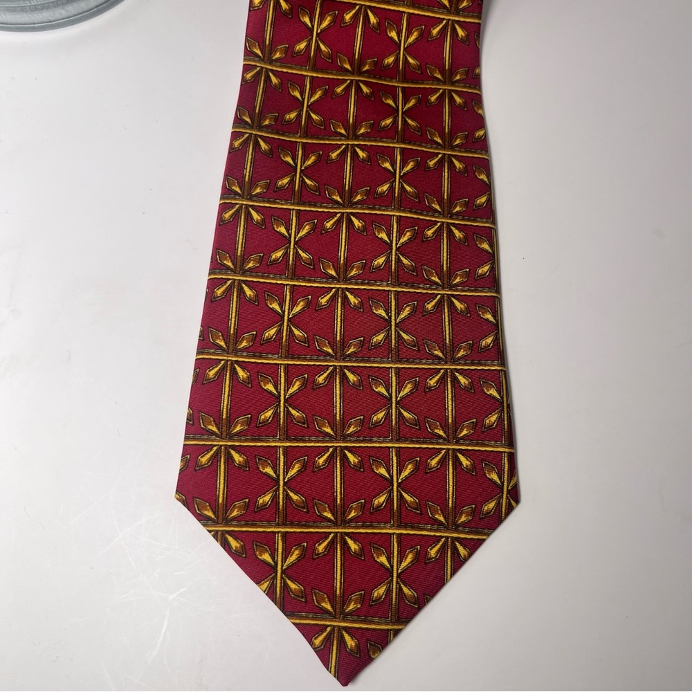 Celine Paris Men’s Silk Neck Tie Burgundy Red/Gold Geometric Designs‎ Luxury